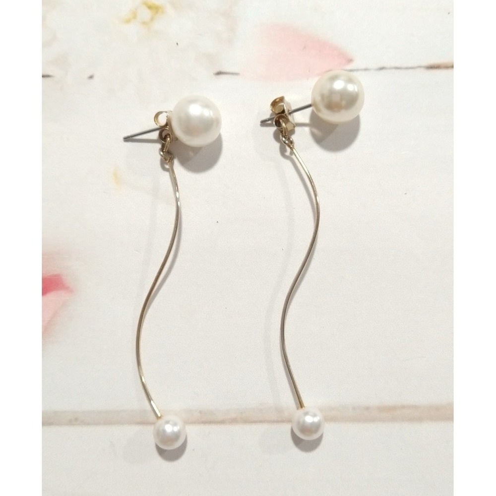 Vintage 80s Gold Tone Drop Dangle Earrings Wavy Bar Double Faux Pearl EC2